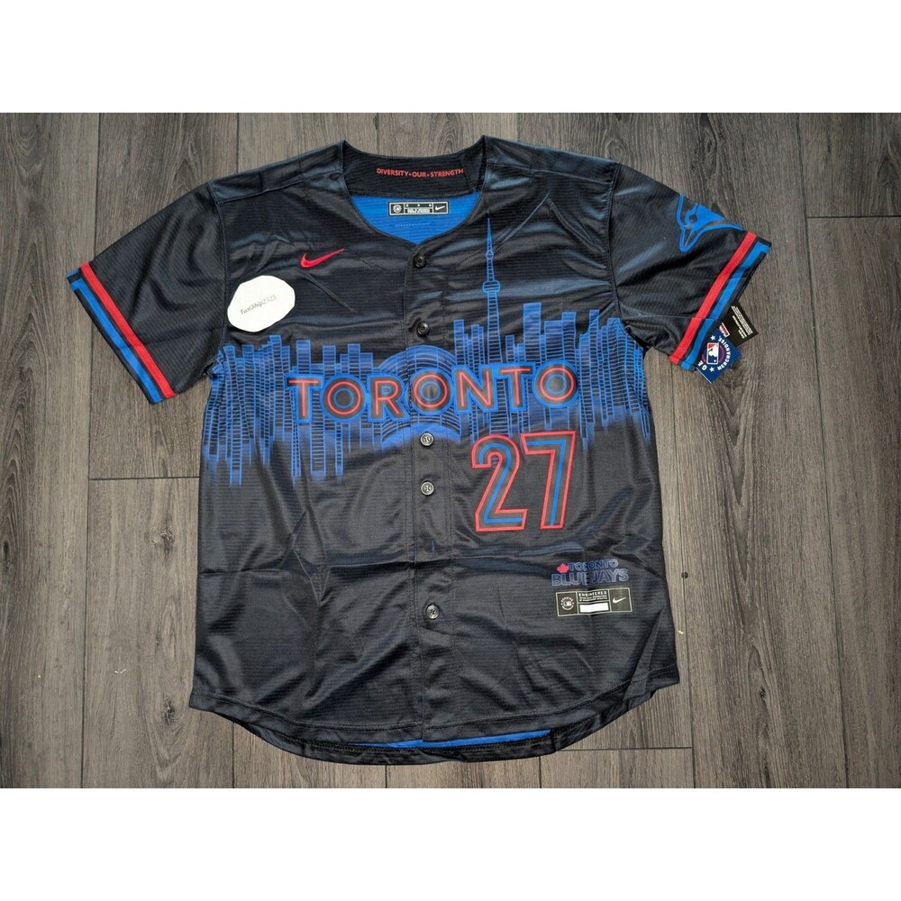 MLB Toronto Blue Jays Black and Blue Jersey Button Down #27 Guerro Jr